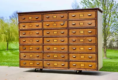 Antique Apothecary Cabinet Wood Drawer Brass Pulls Map Storage Industrial • $4500