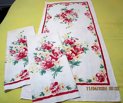 Vintage 40's 50's Linen Kitchen Dish Towels Tea Towels Floral  Set Of 3 • $32