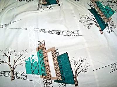 MCM Curtains EAMES ERA Drapery Fabric W/ Pinch Pleats - Cubist Buildings Trees • $30