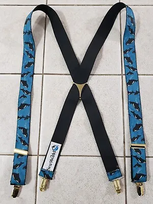 Vintage Sea World Adult Elastic Suspenders Clip Connector Whales Blue Black L@@K • $19.95