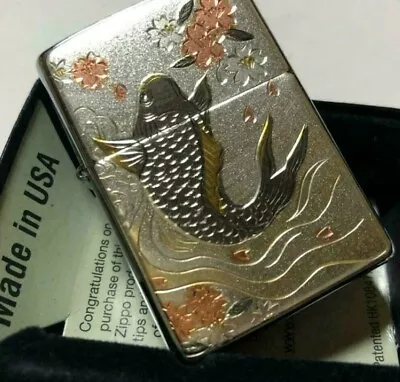 Zippo Japanese Carp Sakura Silver Electroformed Plate Brass Oil Lighter Japan • £58.83