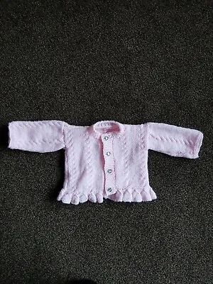 £5.99 • Buy Hand Knitted Baby Cardigan With Cable Diamante Heart Buttons 0-3 Pink