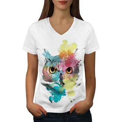 Wellcoda Stylish Owl Bird Womens V-Neck T-shirt Beautiful Graphic Design Tee • £17.99