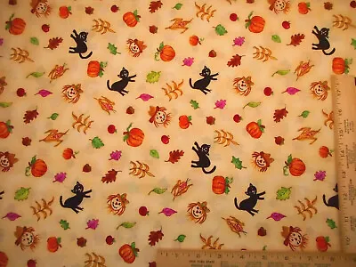 $9.99 • Buy Cotton Fabric By Yard Autumn Accents Pumpkin Scarecrow Cat Corn Leaves Beige Vtg