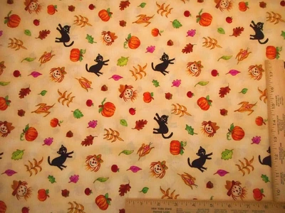 $9.99 • Buy Cotton Fabric By Yard Autumn Accents Pumpkin Scarecrow Cat Corn Leaves Beige Vtg