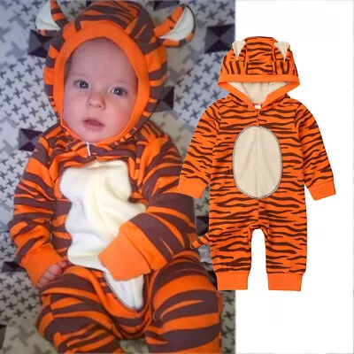 Newborn Baby Boy Girl Kids Clothes Tiger Hooded Romper Jumpsuit Bodysuit Outfits • £11.99