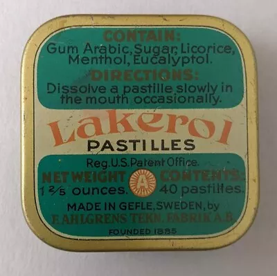  Lakerol Pastilles Tin Box Vintage Gefle Sweden Cough Medicine Candy Cure  • $8.99