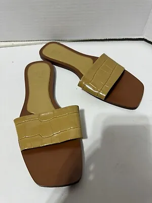 Zara Faux Patent Croc Embossed Slip On Strap Sandals Womens Sz 38 7-7.5 Mustard • $9