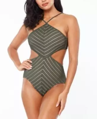 $88 Bar Iii High-Neck Crochet Monokini Swimsuit Green Size Large • $40.31