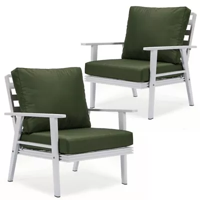 LeisureMod Walbrooke Outdoor Patio White Aluminum Armchairs Set Of 2 Green • $980.30