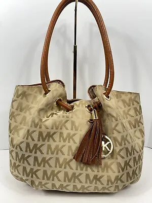 MICHAEL KORS East West Signature Jacquard Brown Leather Ring Tote Bag Purse • $54.95