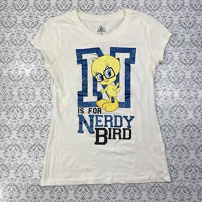 Warner Bros Tweety N Is For Nerdy Bird Looney ToonWhite Glitter Top Shirt M 7/9 • $7.99