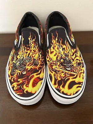 Vans Slip-On Shoes (Samurai Rising) Flaming Skulls Men’s Size 9 Women’s 10.5 • $25