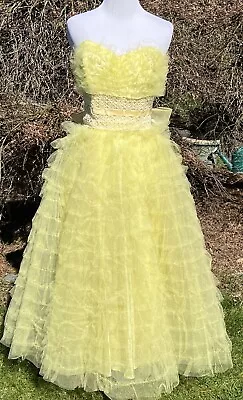 Vintage 50s Dress Size 4/6 Tulle Yellow Princess Layered Cupcake Bow • $599.99