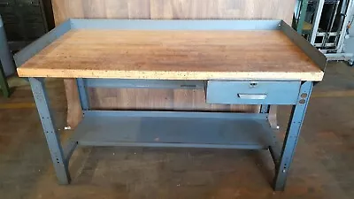 Vintage Work Bench 30 X 60 Heavy Maple Wood Top Metal Legs Steel Drawer -USA • $349