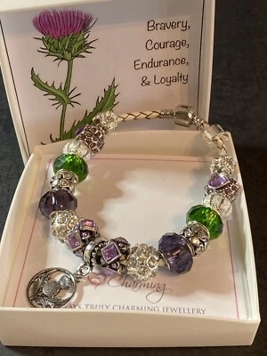 £9.95 • Buy Scottish Thistle Themed White Leather Charm Bracelet With 17 Charms And Gift Box
