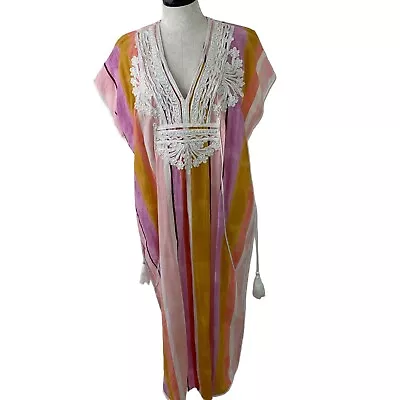 Matta Womens Dress One Size Multicolor Khajoor Happy Kaftan Midi V Neck • $131.96