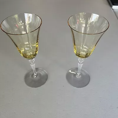 2 Vintage 1930s Fostoria Glass 5099 Topaz Yellow Optic Panel 8.25” Wine Glasses • $29.99