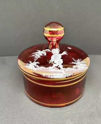 Mary Gregory Vintage Hand Painted Cranberry Glass Candy Trinket Dish With Lid • $40