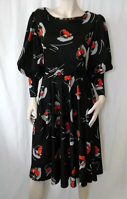 Superb Vintage Black Floral Leg 'o Mutton Sleeves Full Circle Skirt VGC UK8/UK12 • £45