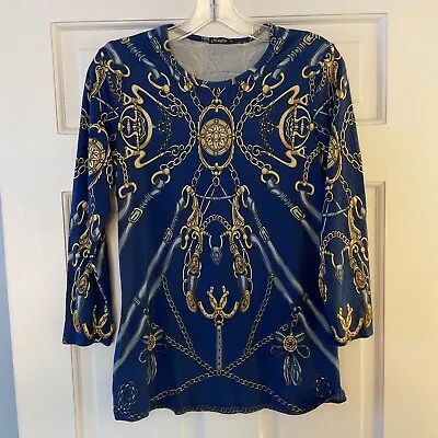 J. McLaughlin Silk Stretch Top Blue Gold Chain Print Pullover Size M Preppy • $22.97