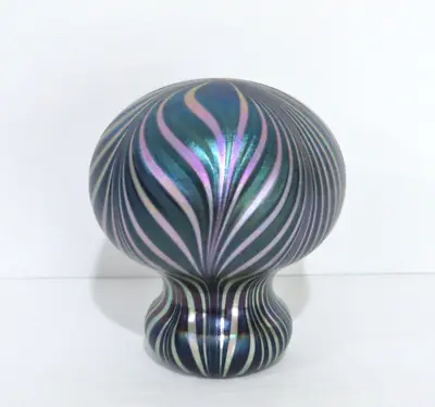 Charles Lotton Art Glass 1977 Pulled Feather Iridescent Pedestal Paperweight • $225