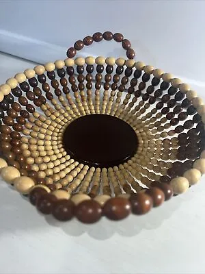 Vintage Handcrafted Wooden Beaded Basket Fruit Bowl W Handles Boho Chic 10  Dia • $18