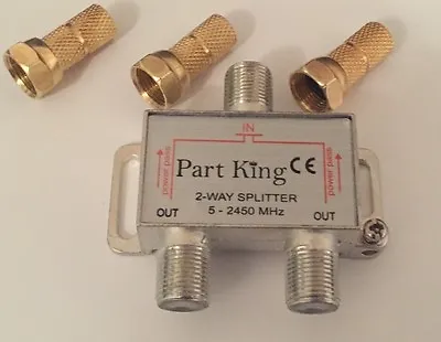 Part King 2 Way Aerial Freeview Virgin Media TV Cable Splitter + Gold F Plugs • £3.29