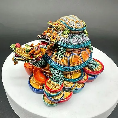 Feng Shui Colored Ceramics Stacked Dragon Turtle Snake Statue Figurine Good Luck • $25.49