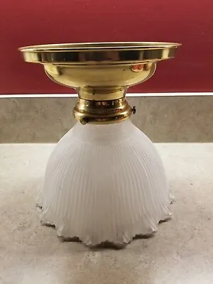 Vintage Brass Ceiling Flush Mount Base & Holophane Type White Glass Shade READ • $35