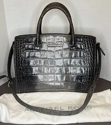 Michael Kors Selma Grey Taupe Crocodile Embossed Leather Satchel Bag • £19