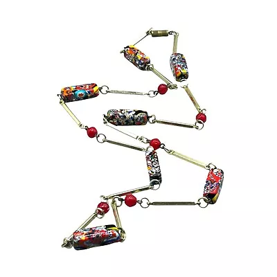 Vintage Red Millefiori Murano Glass Necklace Station Beads & Gold Tone Links • $35