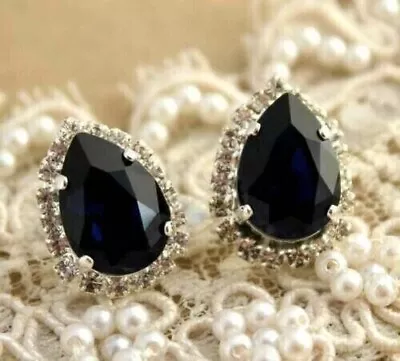 2Ct Pear Cut Lab-Created Black Spinel Halo Stud Earrings 14k White Gold Plated • $67.49