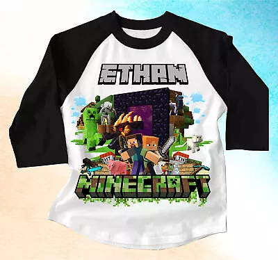Mine Craft  Game Custom Birthday T Shirt Raglan Kids Size 5 Black Sleeve • $17.99