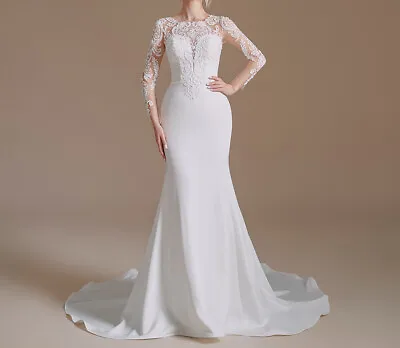 Mermaid Wedding Dress Scoop Neck Long Sleeves Appliques Beaded Bride Gown Train • $146.90