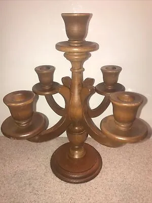 Vintage Wooden  Candelabra 5 Candle  4-arm Centerpiece 13  Satin Finish Brown • $24