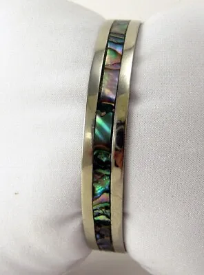 Vtg Alpaca Inlayed Abalone Shell Hand Made Bangle Bracelet. Mexico Silver • $15