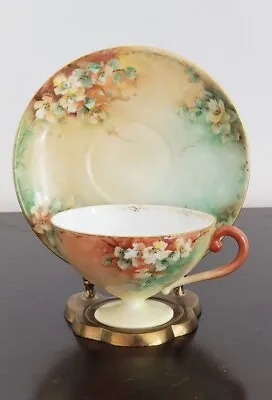 Vintage C.T. (Carl Tielsch) Germany Hand-Painted Floral Footed Tea Cup & Saucer • $59