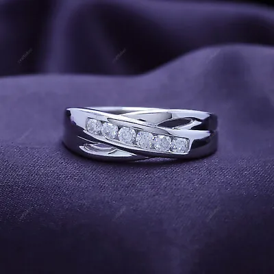 3/8ct Mens Round Moissanite Crossover Band Ring In 14K White Gold Plated Silver • $64.39