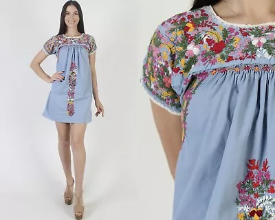 Vtg Blue Cotton Oaxacan Mini Dress Mexican Embroidered Womens Fiesta Sundress • $89.30