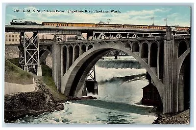 1919 CM & St. P Train Crossing Spokane River Bridge Railroad Spokane WA Postcard • $7.98