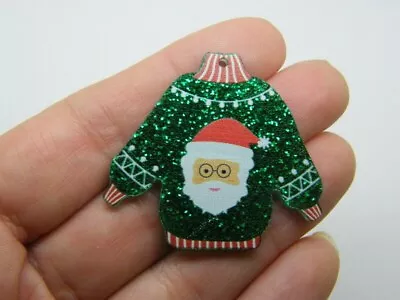 2 Santa Father Christmas Jumper Sweater Jersey Pendants Green White Glitter A... • £2.30