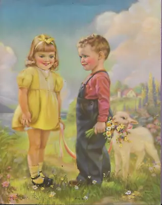 Mabel Rollins Harris Girl Boy Flowers Lamb Farm 10 X8  Print Vintage • $16.99