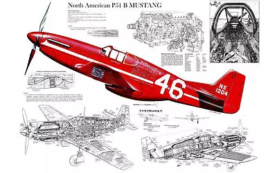 P-51 MUSTANG WWII FIGHTER PLANE CUTAWAY POSTER PRINT 22x36 HI RES 9MIL PAPER • $39.95