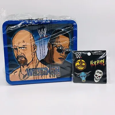 WWE Wrestlemania 17 STONE COLD STEVE AUSTIN VS THE ROCK Lunchbox & 4-PACK PINS • $40.95