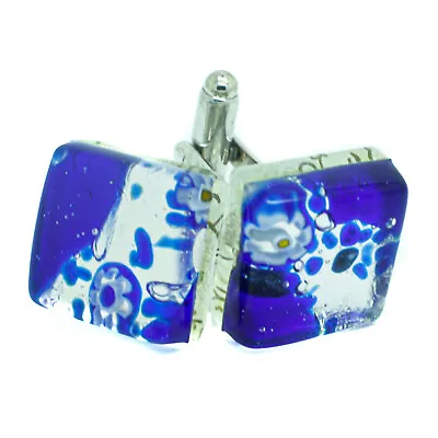 Murano Glass Cufflinks Blue Silver White Millefiori Venice Square Wedding • £16.95