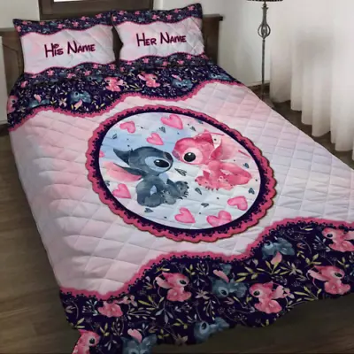 Personalized Lovely Ohana Couple Stitch And Lilo Love 3D Quilt Bedding Set • $82.64