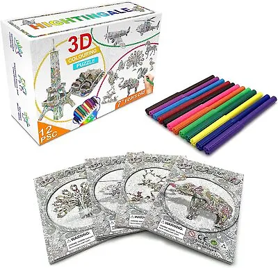 3d Colouring Puzzle Set 12 Different Projects 3pks Colouring Pens Gift Crafts • £9.85