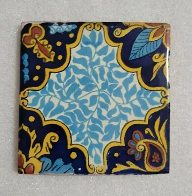 Glossy  Gold Blue Leaf  Mexican Talavera Ceramic Tiles 4x4 • $5.75