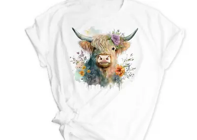 Cute White Highland Cow Top Ladies Cow T Shirt Watercolour Floral Tee Woman's • £9.99